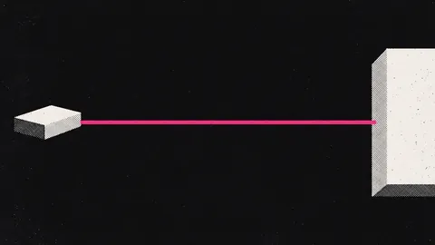 Duotone plate of a small branch router block with a single long hot pink line reaching to a distant larger block.