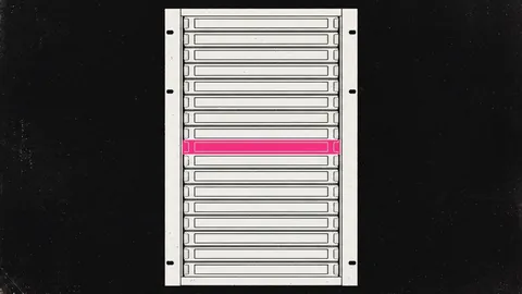 Duotone plate of a tall unbranded chassis seen straight on with rows of blank line card slots, one card edge in hot pink.