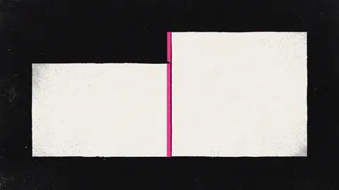 Duotone plate of two off-white blocks pressed together into one larger shape, the join seam marked in hot pink.