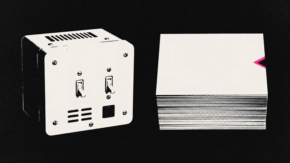 Duotone plate of an old unbranded switch chassis beside a stack of blank answer cards, one card with a hot pink notch cut into its edge.