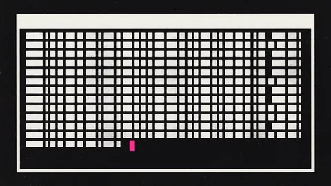Duotone plate of a blank terminal window frame filled with rows of abstract blocks instead of characters, with a hot pink block cursor.