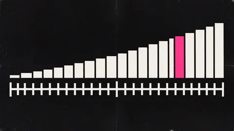 Duotone plate of a rising stepped bar chart over an evenly ticked timeline with no numbers, one late step in hot pink.