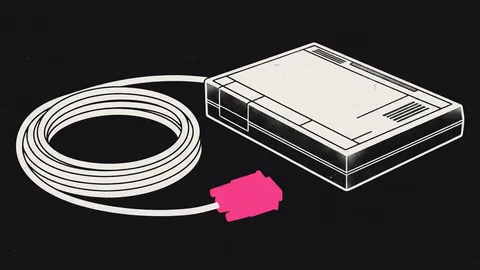 Duotone plate of a coiled console serial cable beside a closed unbranded chassis, the connector end in hot pink.