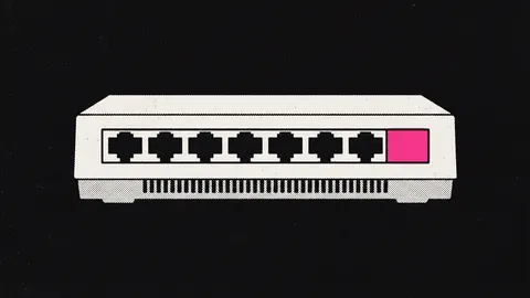 Duotone plate of a small desktop unbranded switch with a row of ports, the last port a hot pink uplink.