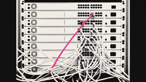 Duotone plate of a wiring closet rack of stacked unbranded 1U switches with a tangle of off-white patch cables and one hot pink cable.