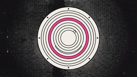 Duotone plate of a flat ceiling access point disc seen from below with concentric rings, one ring in hot pink.