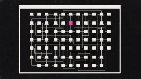 Duotone plate of a window frame holding a map of small device squares joined by lines, one device picked out in hot pink.