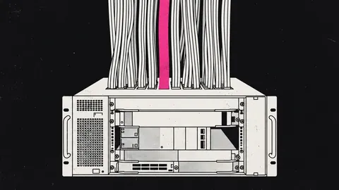 Duotone plate of a heavy unbranded carrier router chassis with thick fibre bundles rising from the top, one bundle in hot pink.