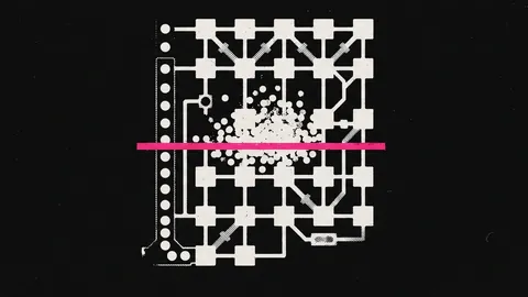 Duotone plate of a switch fabric of square nodes with a hot pink barrier line across its traffic path and blocked dots piling up at the line.