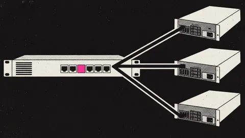 Duotone plate of an unbranded 1U appliance front panel with one hot pink port, thick lines fanning out to three servers.