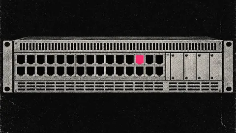 Duotone plate of an unbranded rack-mounted chassis switch seen straight on, rows of empty ports and module slots, one port lit in hot pink.