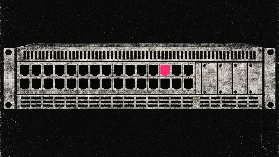 Duotone plate of an unbranded rack-mounted chassis switch seen straight on, rows of empty ports and module slots, one port lit in hot pink.