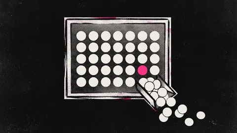 Duotone plate of a tray of evenly spaced off-white tokens with the overflow spilling out of a chute, one token in hot pink.