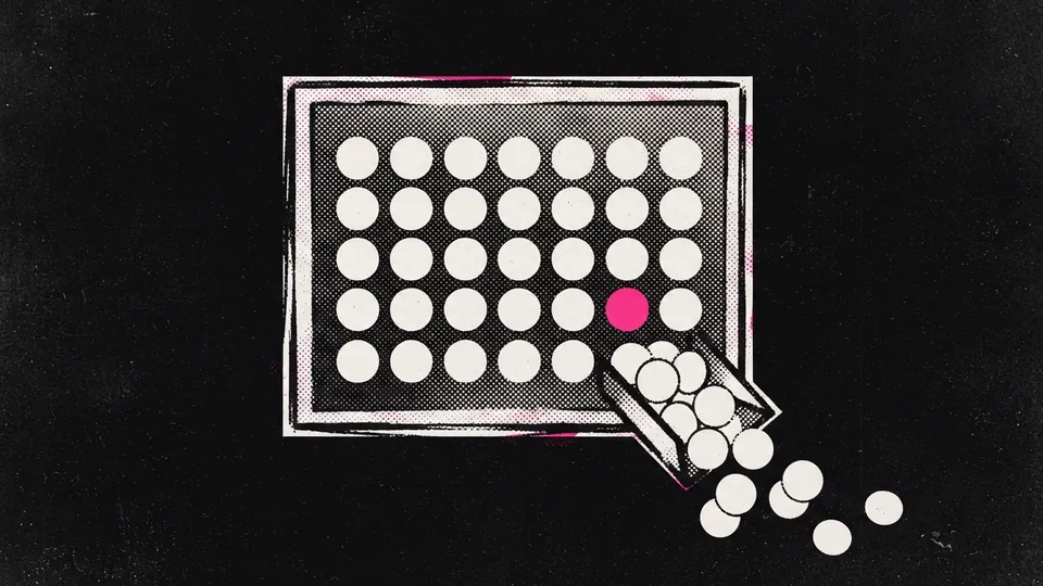 Duotone plate of a tray of evenly spaced off-white tokens with the overflow spilling out of a chute, one token in hot pink.
