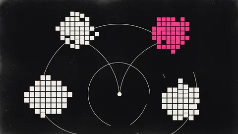 Duotone plate of three distant clusters of small squares linked by thin arcs to a single central point, one cluster in hot pink.