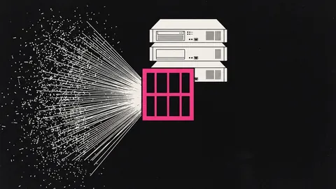 Duotone plate of a spray of client lines converging on one hot pink gate in front of a stack of three identical server blocks.