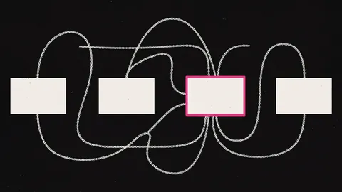 Duotone plate of a looping dotted thread that keeps returning to the same one of four boxes, that box outlined in hot pink.
