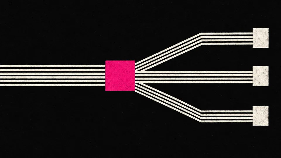 Duotone plate of one bundle of lines entering a hot pink square and fanning out into three equal bundles that end at three server blocks.