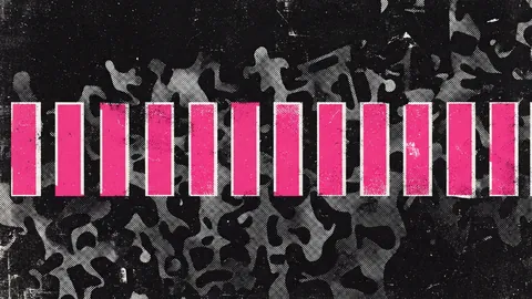 Duotone plate of a perfectly regular row of hot pink bars marching across an irregular grey scatter of organic shapes.