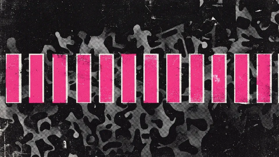 Duotone plate of a perfectly regular row of hot pink bars marching across an irregular grey scatter of organic shapes.