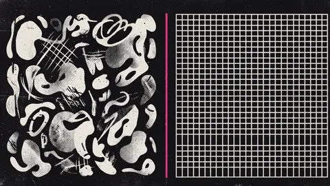 Duotone plate of two fields side by side, loose organic off-white marks on the left and a rigid grid on the right, split by a thin hot pink divider.