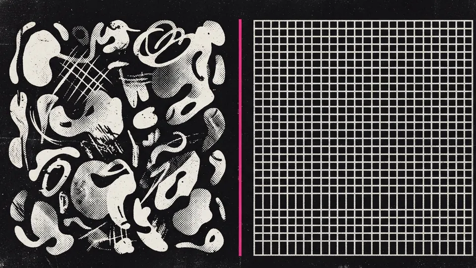 Duotone plate of two fields side by side, loose organic off-white marks on the left and a rigid grid on the right, split by a thin hot pink divider.