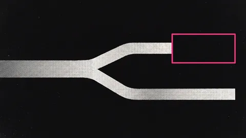 Duotone plate of one off-white traffic stream splitting into an identical copy, the copy running into a box outlined in hot pink.