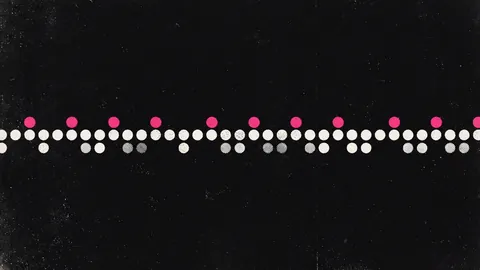 Duotone plate of a long row of off-white dots with every so often one dot sampled out and lifted above the stream in hot pink.