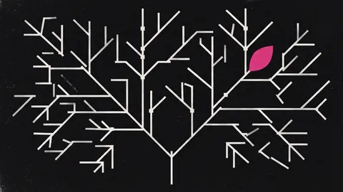 Duotone plate of a branching tree of short off-white right-angled lines, one deep leaf filled hot pink like a single object in an identifier tree.
