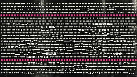 Duotone plate of rows of dots flowing like packet streams, most irregularly spaced, two perfectly regular machine-like rows marked in hot pink.