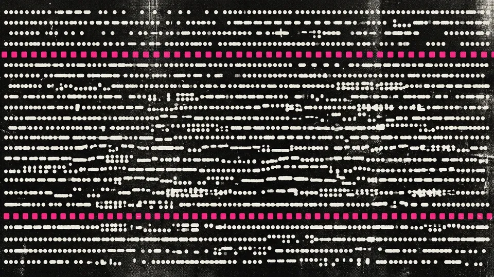 Duotone plate of rows of dots flowing like packet streams, most irregularly spaced, two perfectly regular machine-like rows marked in hot pink.