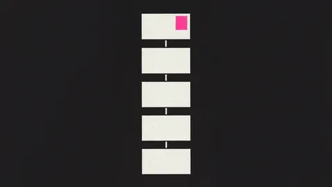Duotone plate of five stacked blank document cards joined by short vertical lines like successive configuration versions, a small stamp on the top card in hot pink.
