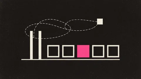 Duotone plate of six hollow squares queued before a gate of two tall bars, a dashed loop running up to a distant lookup square and back, one queued square filled hot pink.