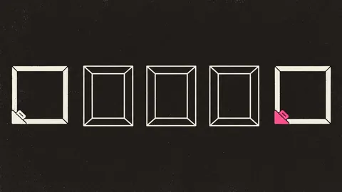 Duotone plate of five identical hollow picture frames in a row, a small sealed tab on the first and on the last, the final tab filled hot pink.