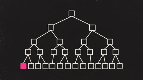 Duotone plate of a binary tree of small squares rising from a wide row of leaves to a single root, one leaf square in hot pink.