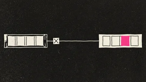 Duotone plate of a segmented packet rectangle travelling along a line past a small crossed seal to an identical rectangle, one segment of the arriving copy filled hot pink.