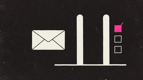 Duotone plate of a closed envelope arriving at a gate of two tall bars with three check boxes stacked beside it, the top box in hot pink.