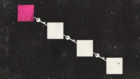 Duotone plate of four square nodes descending a diagonal, each linked to the next by a short line and a small key, the top anchor node in hot pink.
