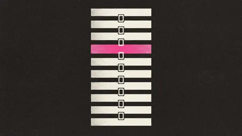 Duotone plate of a column of short horizontal bars stacked like ledger entries, each joined to the next by a small square link, one bar filled hot pink.