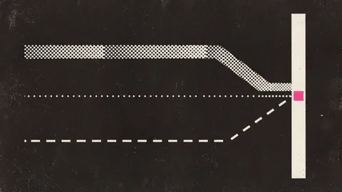 Duotone plate of three parallel tracks of dots and dashes converging on one vertical timeline bar, a single marker on the bar in hot pink.