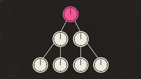 Duotone plate of a pyramid of numberless clock faces in three tiers joined by thin lines, the single clock at the top in hot pink.