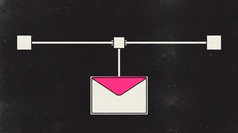 Duotone plate of a cable between two square nodes with a tap block in the middle, a branch dropping into an envelope whose flap is hot pink.
