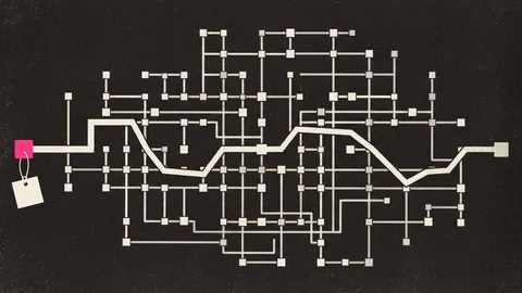 Duotone plate of a dense map of square router nodes with one thick route traced across it and a small certificate tag hanging from the hot pink origin node.