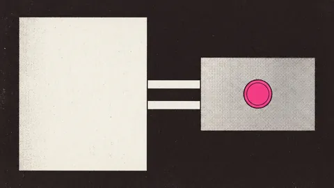 Duotone plate of a large blank file block and a small comparison card joined by two parallel bars, a round seal on the card in hot pink.