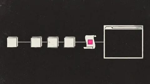 Duotone plate of a script scroll travelling through a chain of cache boxes into an empty browser frame, the seal on the scroll in hot pink.