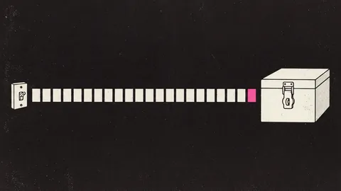 Duotone plate of a row of small blank log-line rectangles streaming from a switch front panel into a locked box, the last rectangle before the box in hot pink.