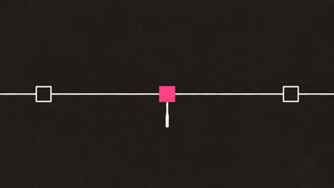 Duotone plate of a single long wire crossing the plate with three hollow square checkpoints along it, the middle one filled hot pink with a small seal hanging beneath.