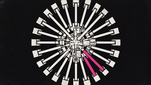 Duotone plate of a dense central block with thick links radiating to a ring of smaller blocks, one link in hot pink.