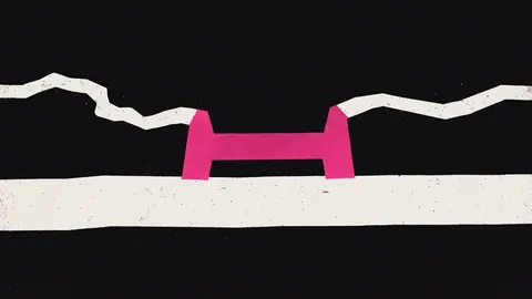 Duotone plate of a narrow old channel and a wide new channel running side by side, linked by a hot pink bridge segment.