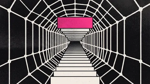 Duotone plate of a stack of rectangular labels travelling down a tunnel through an off-white mesh, the top label in hot pink.